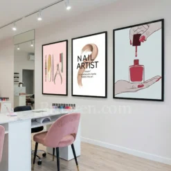 pink salon wall art with professional nail tools