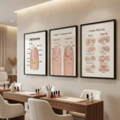 three framed nail care prints on neutral wall
