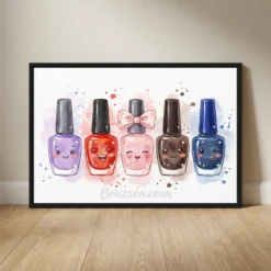 Cute colorful watercolor nail polish bottles salon wall art framed canvas