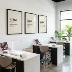 Frizz chair and stylist hair salon words modern print