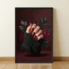 Glossy Burgundy manicure nail salon wall art with dark leaves red flowers