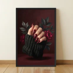 Glossy Burgundy manicure nail salon wall art with dark leaves red flowers