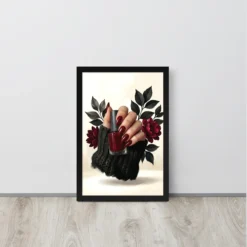 Deep red manicure nails with polish bottle art beauty salon wall print- framed poster