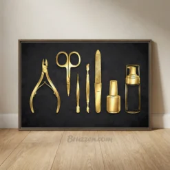 gold manicure tools beauty salon wall art framed canvas