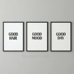good hair good mood good day black white typography salon wall art set of 3