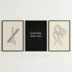 hair salon triptych wall art set printable black beige line art