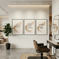 modern hair salon minimal gold black colors print decor