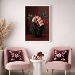 Luxury nail bar wall art with deep red manicure
