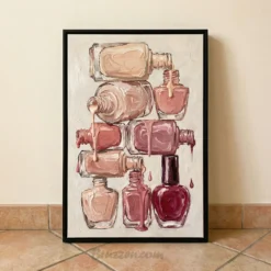 Neutral stacked nail polish bottles framed canvas print salon-art-12x18", 20x30" 24X36"
