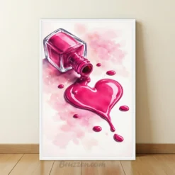 Watercolor pink nail polish heart spill wall art canvas framed- beauty room