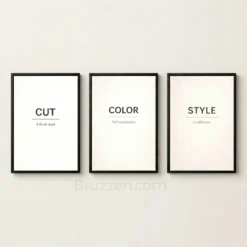 cut color style minimalist typography hair salon wall art set of 3 prints