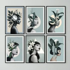 Floral Surrealist Women Portraits 6 Set Prints Salon Wall Decor