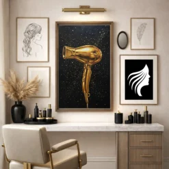 Black gold hair dryer splatter framed canvas gallery wall display beauty room