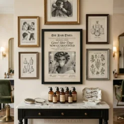 A curated gallery wall in a modern office featuring the vintage newspaper poster alongside complementary fashion prints