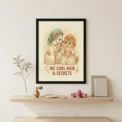 Cute animal hair salon illustration framed poster hanging on a neutral wall in a modern beauty studio