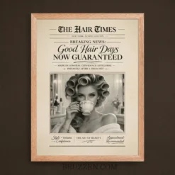 Close-up of the sustainable Ayous wood frame and the high-quality matte paper texture of the vintage hair salon print