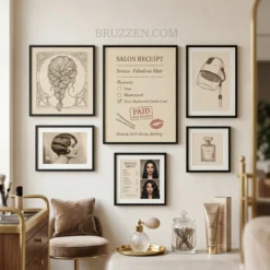 A curated gallery wall featuring the funny salon receipt poster alongside other chic beauty-themed decor