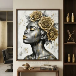 Modern lash studio wall featuring a large framed canvas of a Black woman with gold flowers and metallic accents