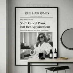 Stylish hair salon poster displayed in a bright vanity corner next to a mirror and beauty products.