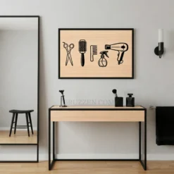 Hair stylist tools framed artwork displayed in a bright beauty studio setting above a professional vanity station