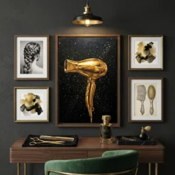 black gold hair dryer splatter framed canvas gallery wall display vanity room