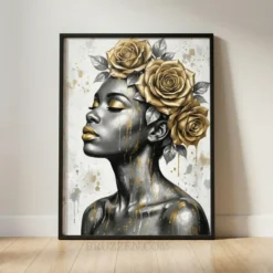 Side profile canvas art of a Black woman with golden roses in a charcoal and champagne gold painterly style.