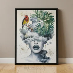 Surrealist portrait of a woman with palm leaf crown and bird on a framed canvas print with gold splatter