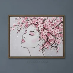 Close-up of the heavyweight canvas texture and natural pine wood frame on the floral woman artwork.