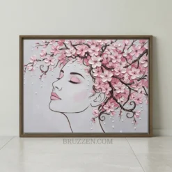 Minimalist female silhouette with pink cherry blossom hair on a grey framed canvas print.