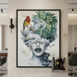 Large framed botanical woman art hanging on a wall in a modern beauty salon with glam-inspired decor