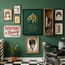 A curated gallery wall in a professional salon setting featuring the emerald green gold crown canvas and accent decor.