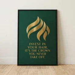 Emerald green and gold salon quote framed canvas print featuring a flowing hair illustration and motivational text