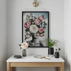Romantic bedroom interior with a framed butterfly and rose woman portrait hanging above a bed