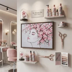 Pink floral woman framed canvas styled as part of a curated gallery wall in a chic studio workspace.