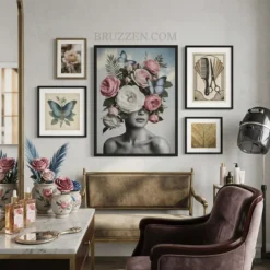 A curated gallery wall featuring the rose and butterfly woman print alongside minimalist decor