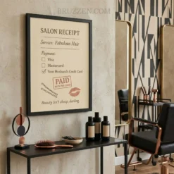 Side profile of the salon receipt framed poster showing the depth of the wood frame and sturdy construction.