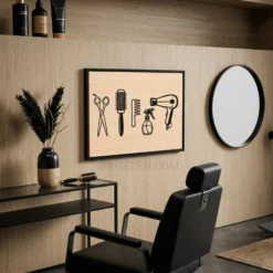 Side profile of the hair stylist tools framed canvas showing the depth of the wood frame and sturdy construction