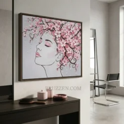 Side view showing the depth of the pine frame and the wrap of the cherry blossom woman canvas print.