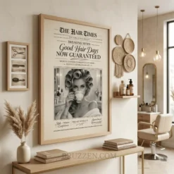 A side profile view showing the depth and smooth finish of the black wooden frame on the vintage beauty wall art