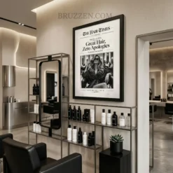 Side profile of the salon wall art showing the depth of the wood frame and the protective Acrylite front