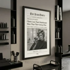 Side view showing the depth and profile of the black wood frame for the hairdresser-themed newspaper wall art
