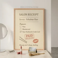 Cheeky salon receipt wall art displayed in a stylish dressing room above a vanity with makeup accessories