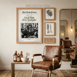 A curated gallery wall featuring the newspaper style poster alongside minimalist black and white fashion photography