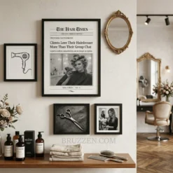 A curated gallery wall in a modern office featuring the vintage newspaper poster alongside complementary fashion prints.