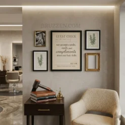 Curated gallery wall in a beauty lounge featuring the guest check poster styled with minimalist combs and floral decor.