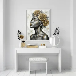Elegant bedroom interior with a black framed floral woman canvas print hanging above a minimalist dresser