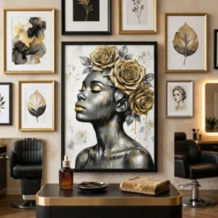 A curated gallery wall in a beauty room featuring the monochrome gold floral print alongside minimalist decor.