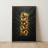 Gold glitter hair rollers with a splash effect on black framed canvas wall art.
