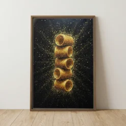 Gold glitter hair rollers with a splash effect on black framed canvas wall art.