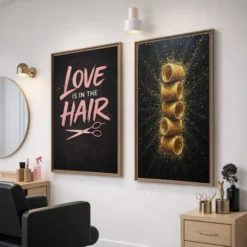 Side view of gallery with the gold glitter hair rollers canvas wall art showing the solid pine floating frame